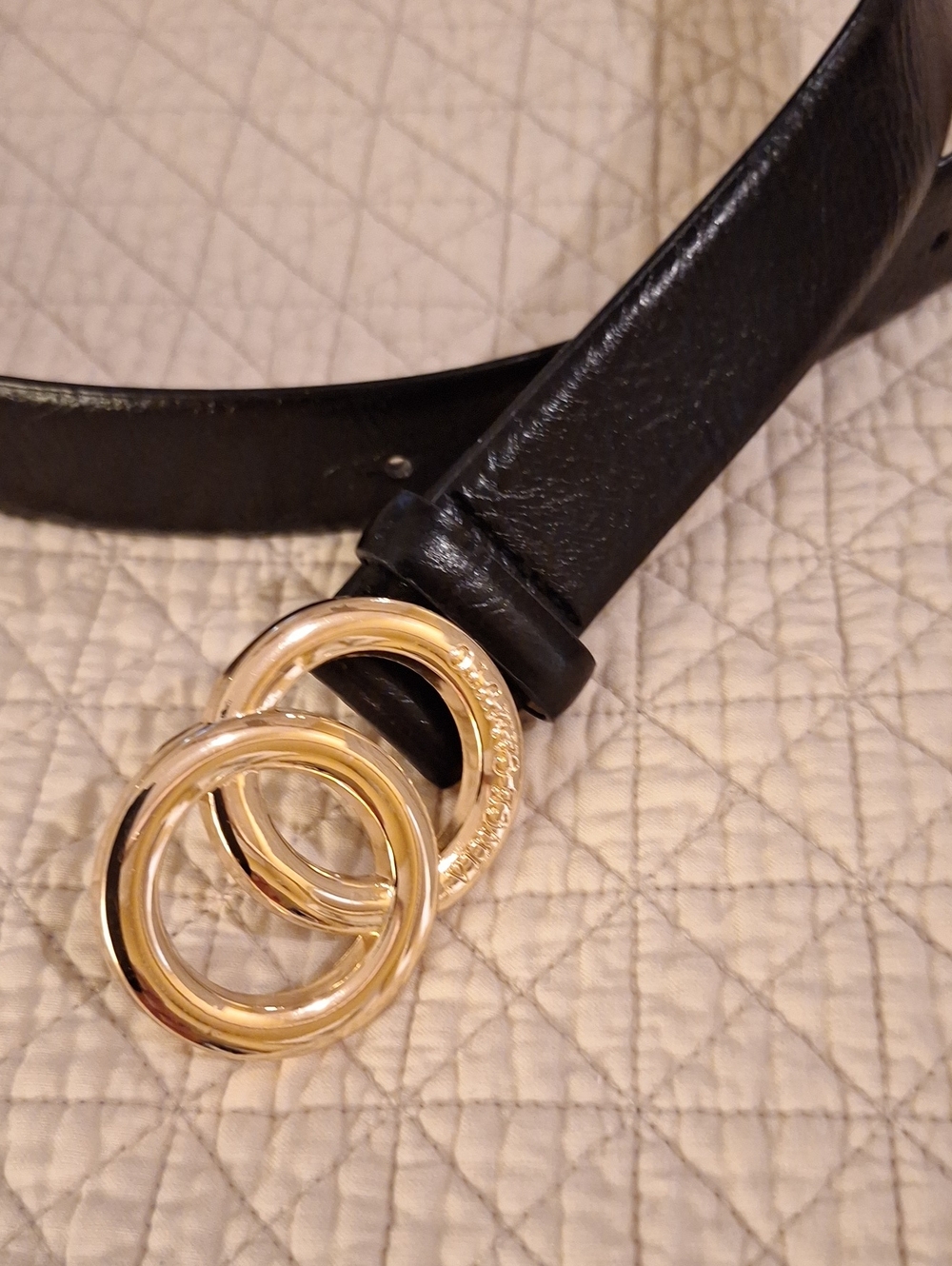 Vince Camuto Black Leather Women's Belt with Gold Double-Ring Buckle